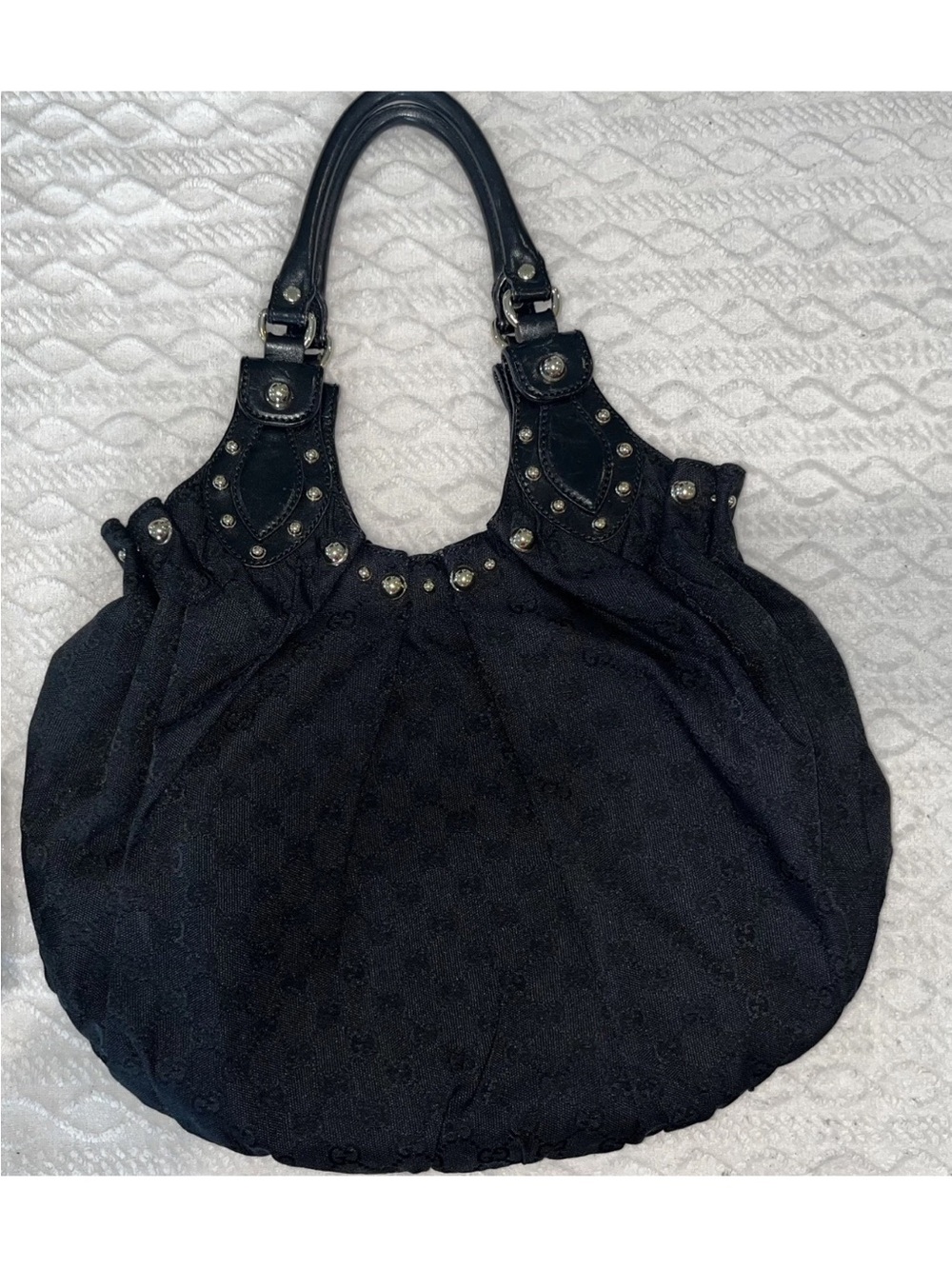 Gucci Pelham Gold Studded Black Canvas Bag w/dust bag, books, envelope